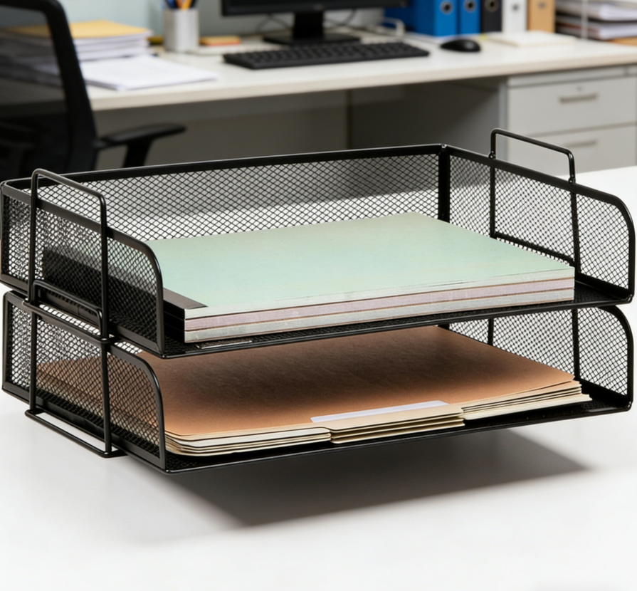 11.1 Black Metal Mesh Stackable Paper Tray - Image 1