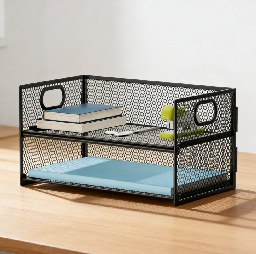 Black Mesh 2-Tier Paper Organizer with Handle