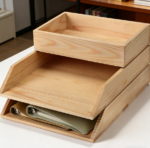 Light Brown 3-Tier Wooden Letter Tray