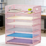 Pink Mesh 6-Tier Paper Organizer with Handle