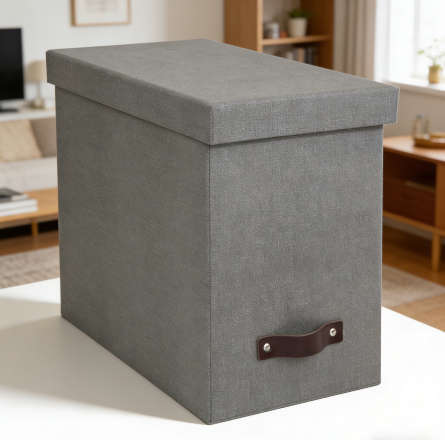 35.1 Grey Desktop File Box with Leather Handle - Image 1