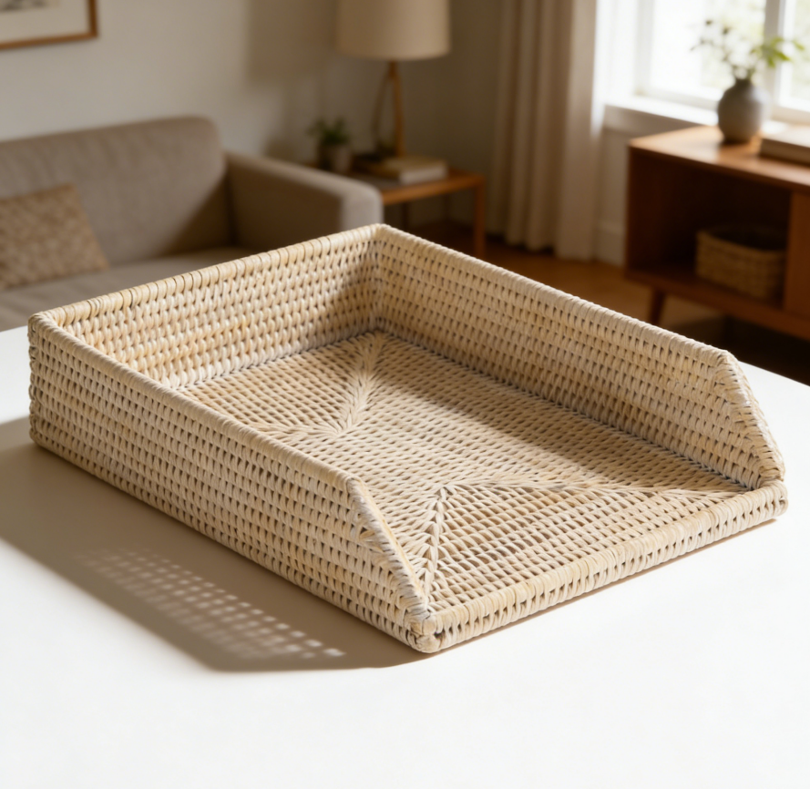 5.1 Rattan Stackable Letter Tray White - Image 1